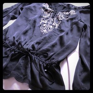 Witch or Whimsigoth Black‎ Silky Embroidered Top Slitted L